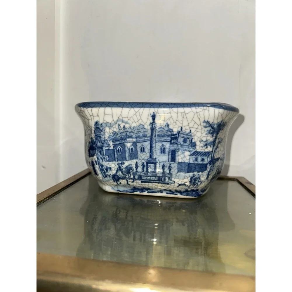 Vintage Blue & White Crackle Glaze Cachepot Planter Bowl